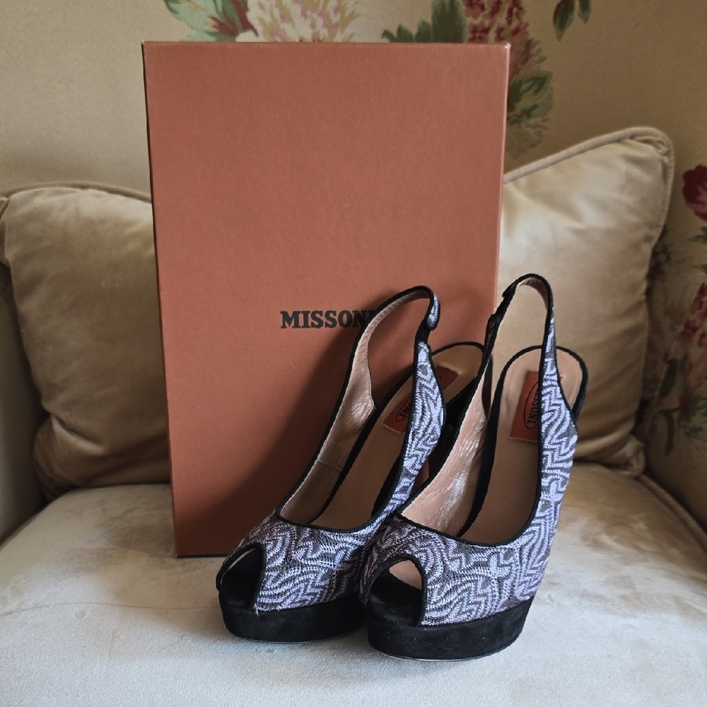 Missoni Black and White Patterned Peep Toe Heels